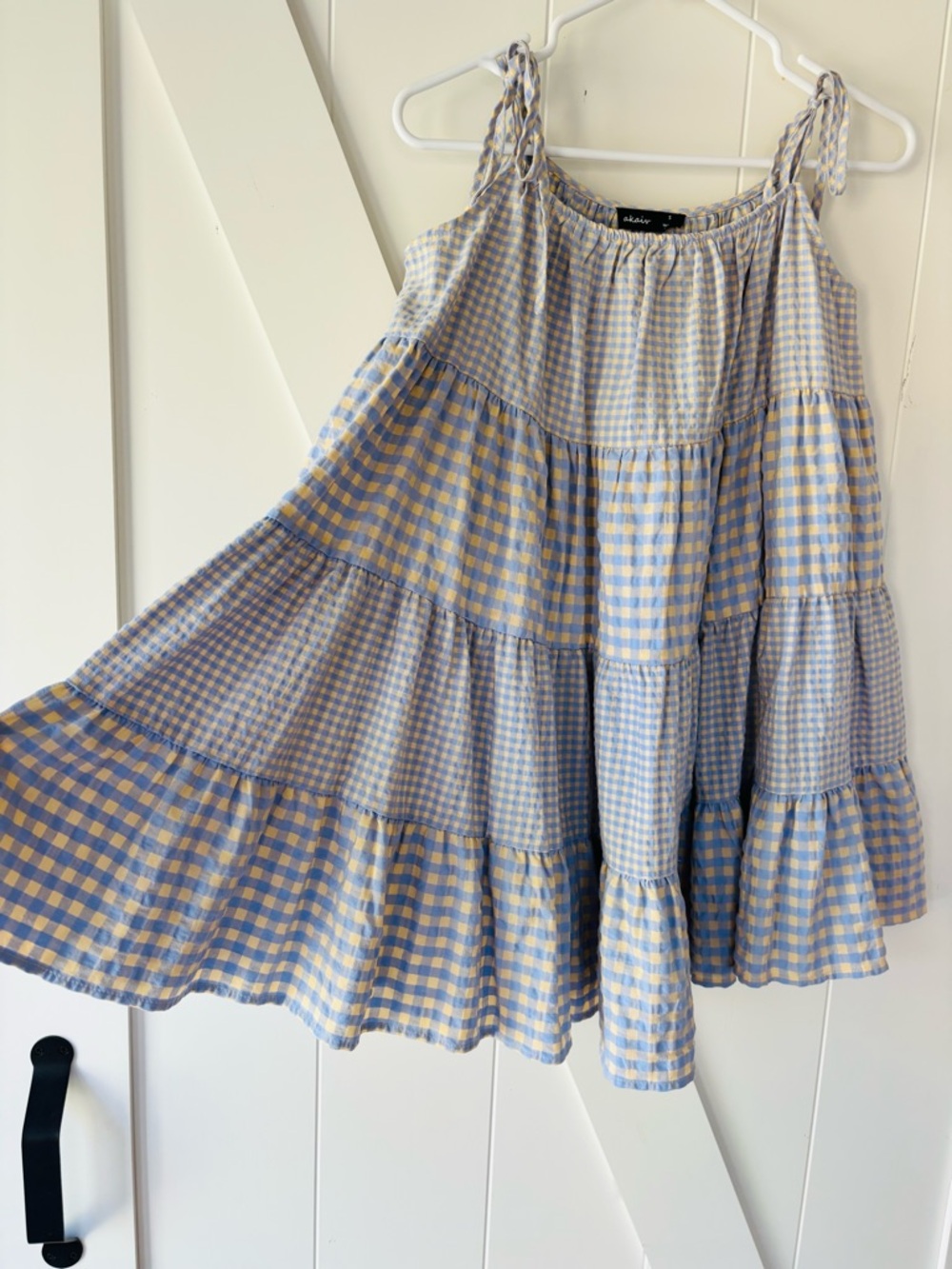 Gingham Tiered Cotton mini dress - Blue & tan, small